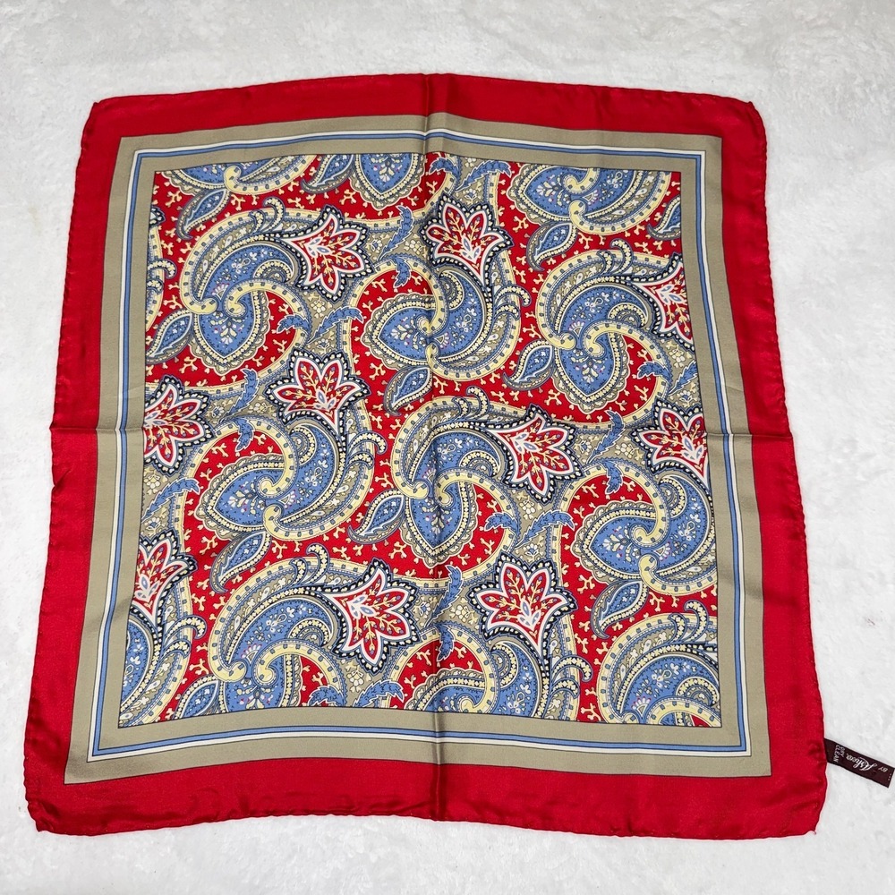 Vintage Ashear 100% Silk Neckerchief Scarf Red Blue Paisley Print Made In Italy